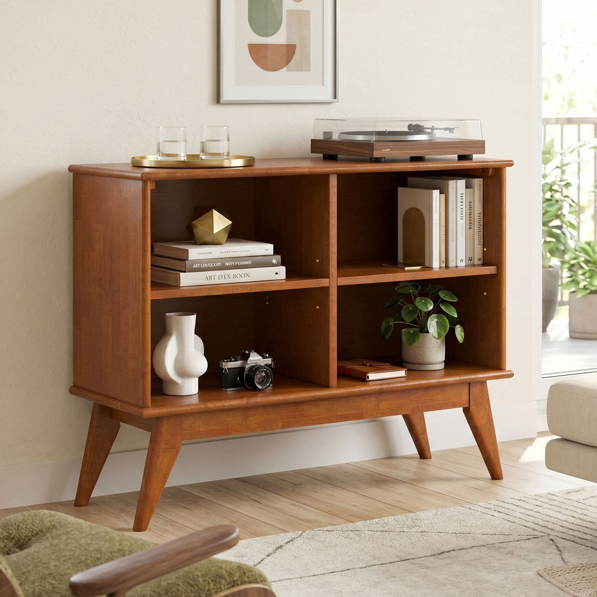 Low bookcase in warm brown wood with open middle shelves and side storage cubbies
