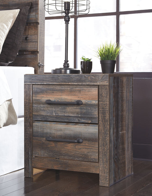 Two-drawer night stand with dark bronze drawer pulls, brown wood finish