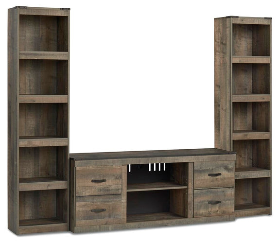 3-piece entertainment center with open shelves, drawers, and central media console