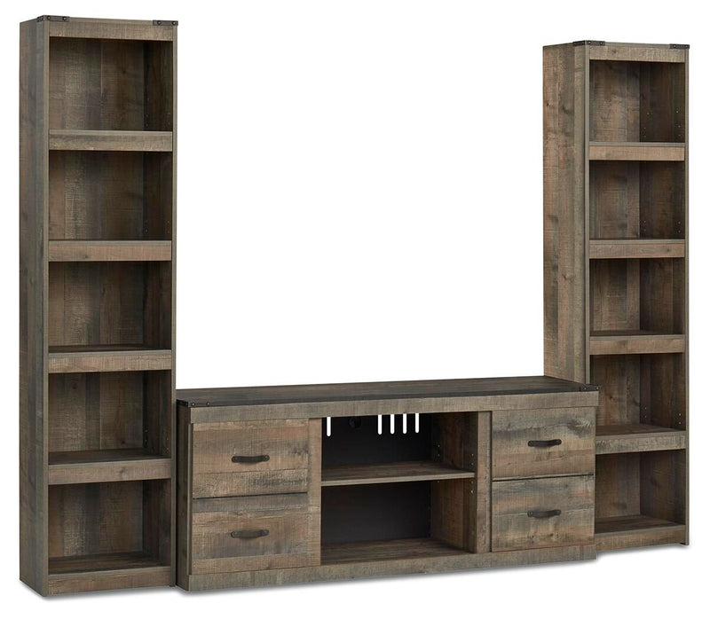 3-piece entertainment center with open shelves, drawers, and central media console