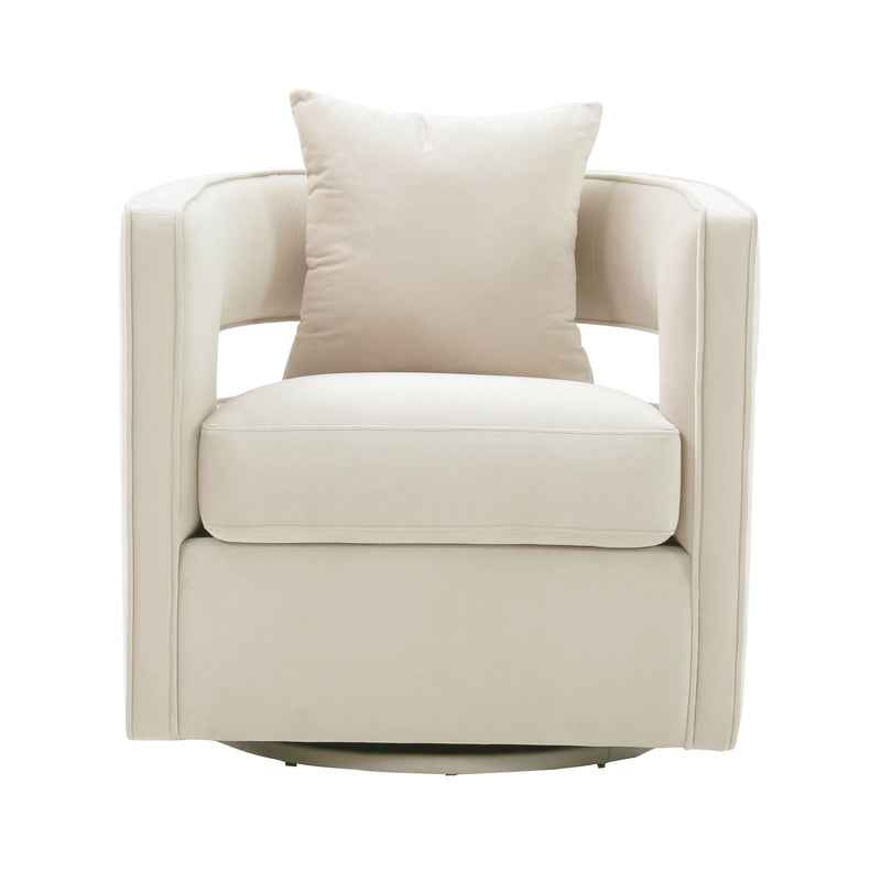 Light beige upholstered swivel chair with squared arms and a cushioned back pillow.