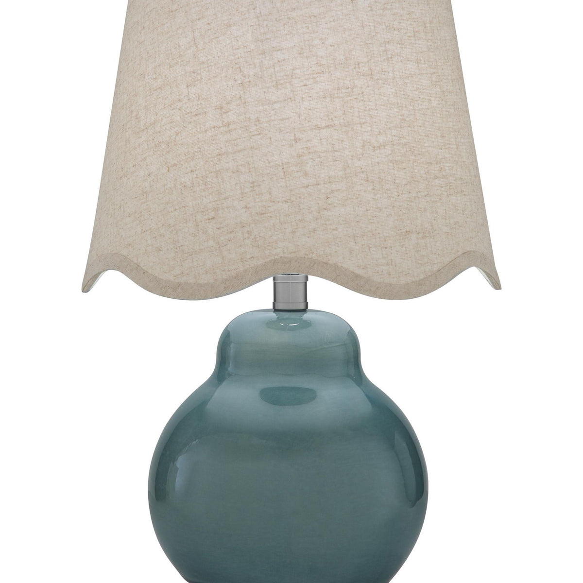 Blue ceramic table lamp with textured beige fabric shade