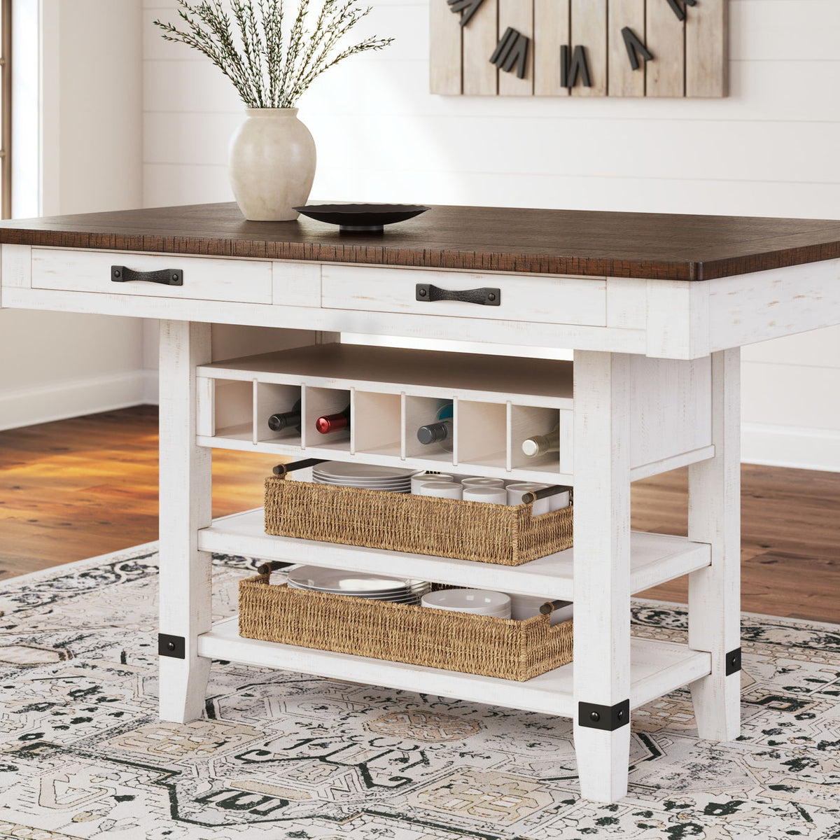 Valebeck - 5 Pc. - Counter Table With Wine Rack, 4 Swivel Stools - White / Brown