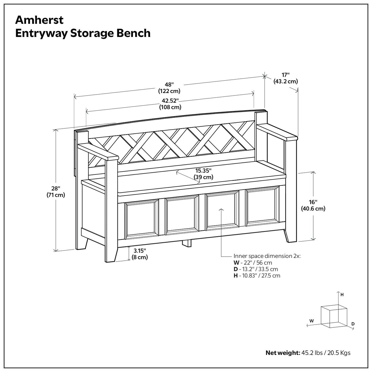 Entryway storage bench dimensions diagram with width, height, and depth measurements