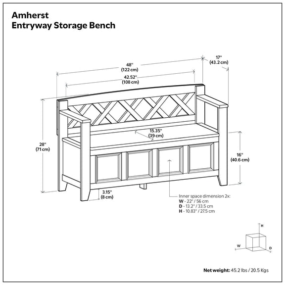 Entryway storage bench dimensions diagram with width, height, and depth measurements