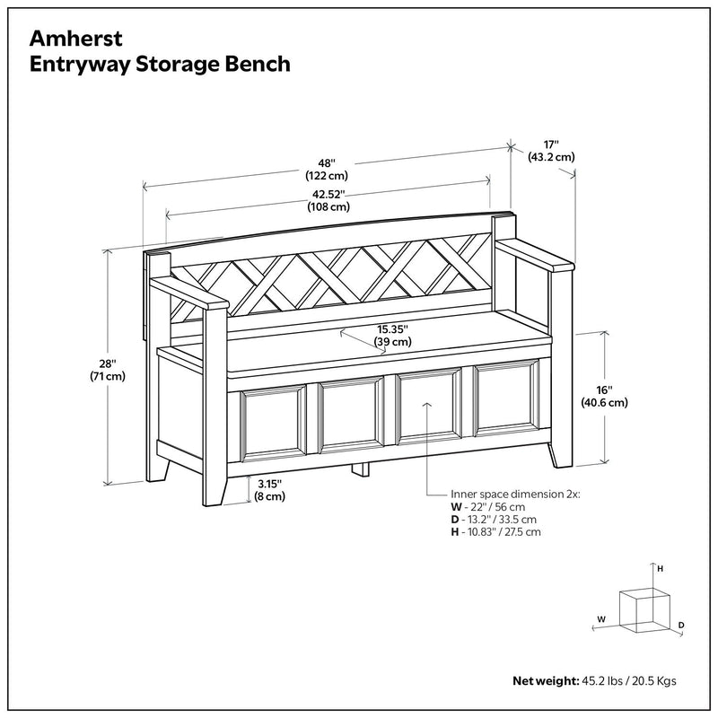 Entryway storage bench dimensions diagram with width, height, and depth measurements