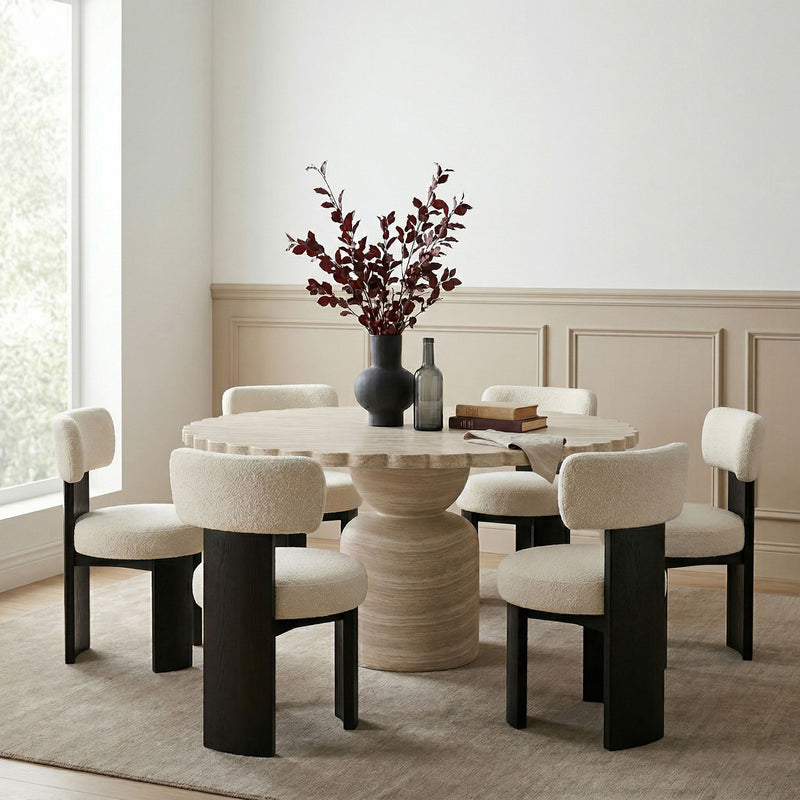 Indoor/outdoor pedestal table with round scalloped beige top