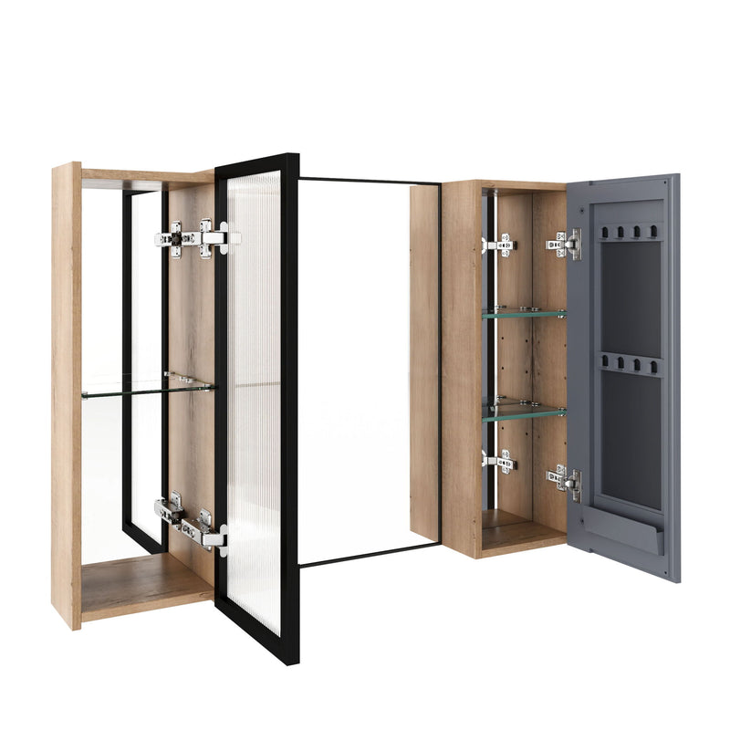 Wall-mounted oak cabinet with two open doors, black frame, adjustable shelves