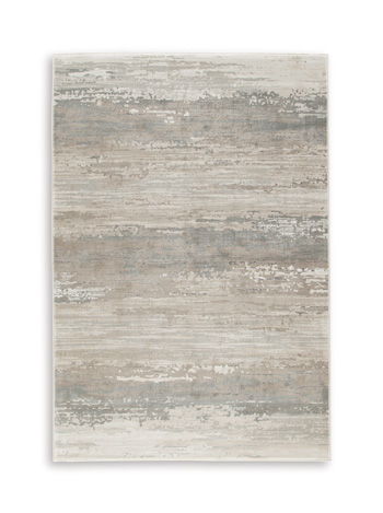 Light beige and gray distressed abstract area rug with borderless rectangular design