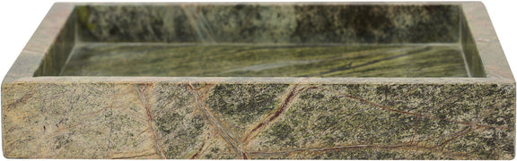 Green marble tray with raised edges and polished stone veining.