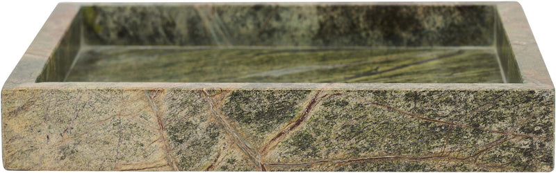 Green marble tray with raised edges and polished stone veining.