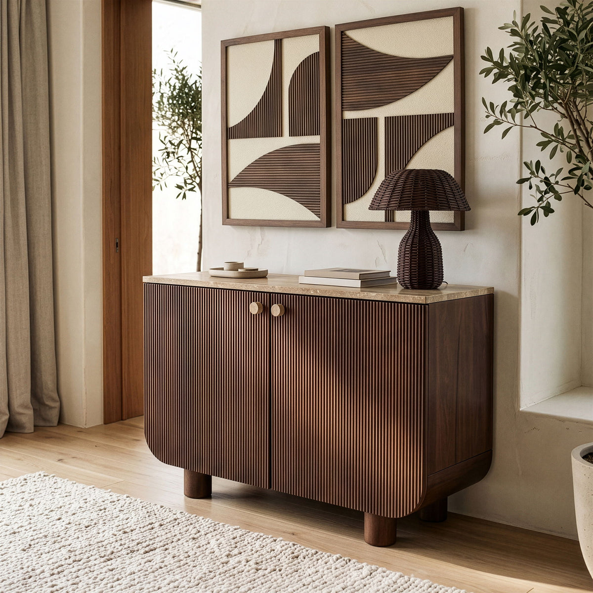 Dark brown mango wood sideboard with 2 doors, vertical ribbed design, and round knobs