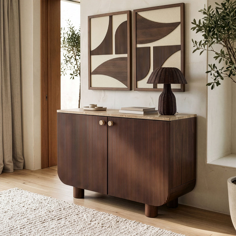Dark brown mango wood sideboard with 2 doors, vertical ribbed design, and round knobs