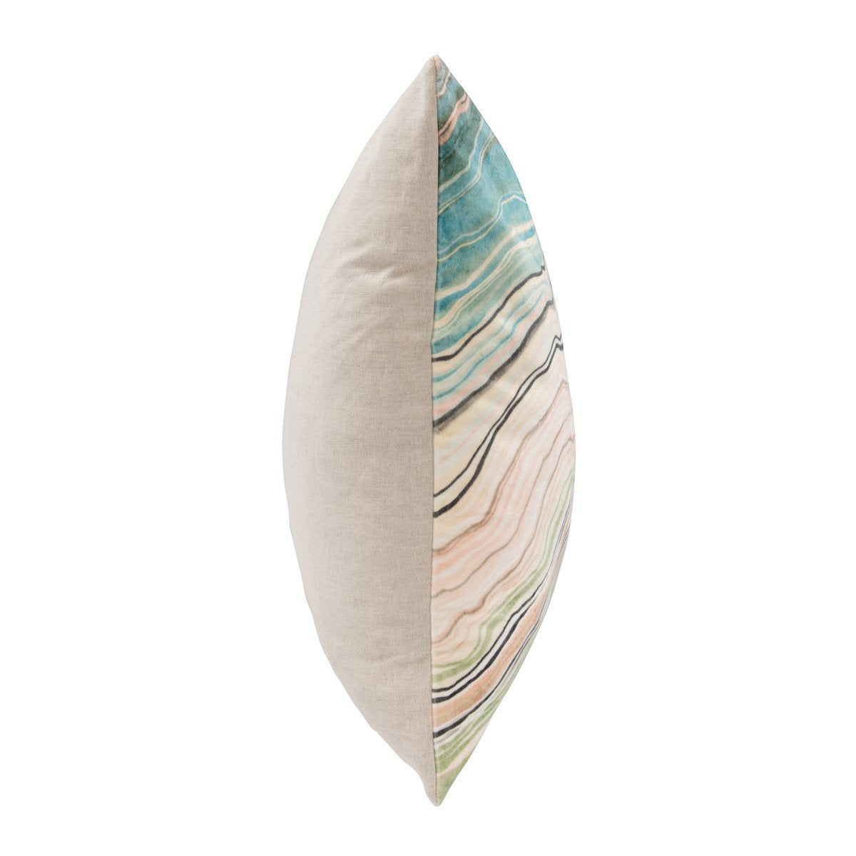 Decorative pillow side view with beige back and multicolor wavy stripe edge