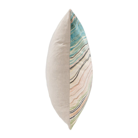 Decorative pillow side view with beige back and multicolor wavy stripe edge