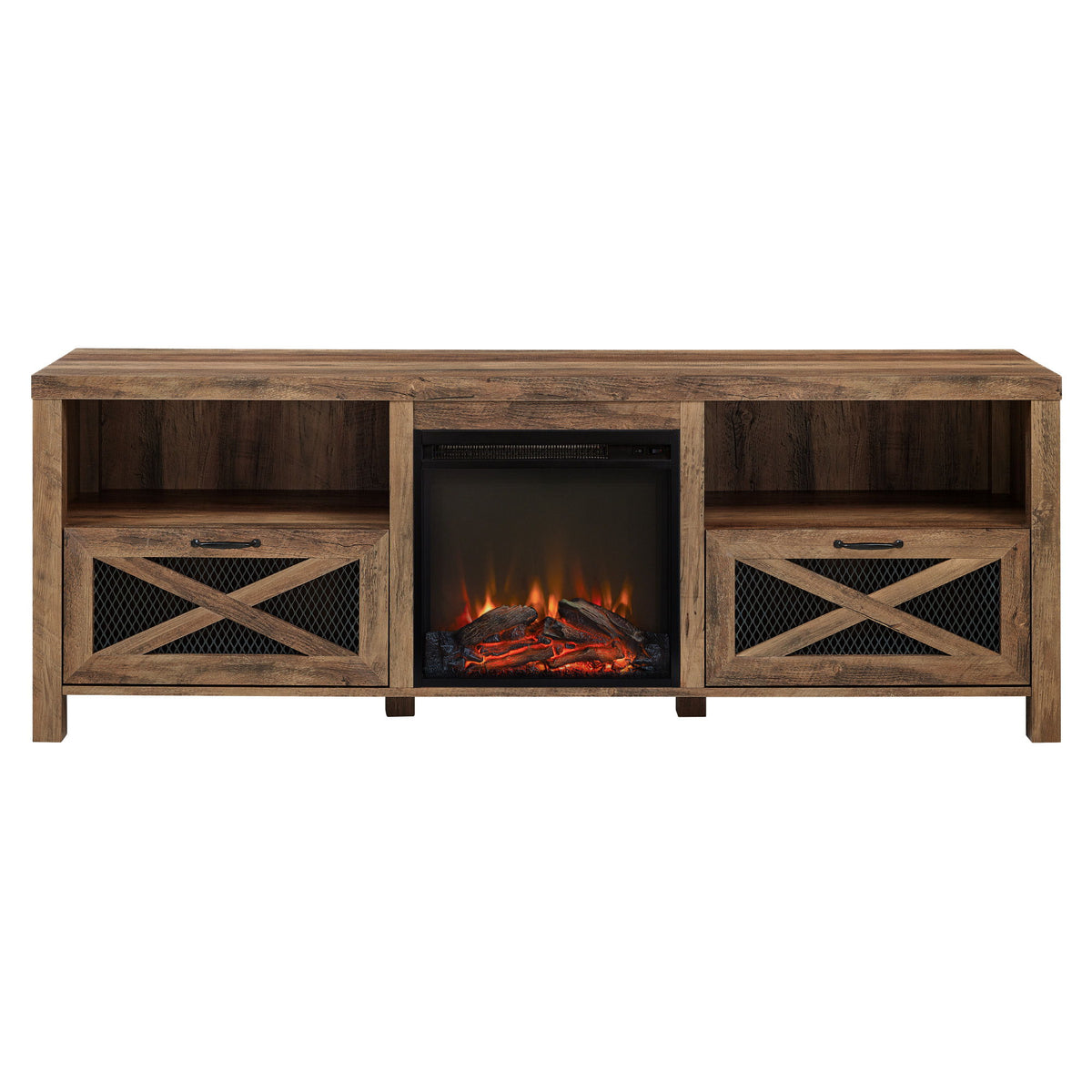 Industrial Farmhouse Metal Mesh Drop Down X Door Fireplace TV Stand