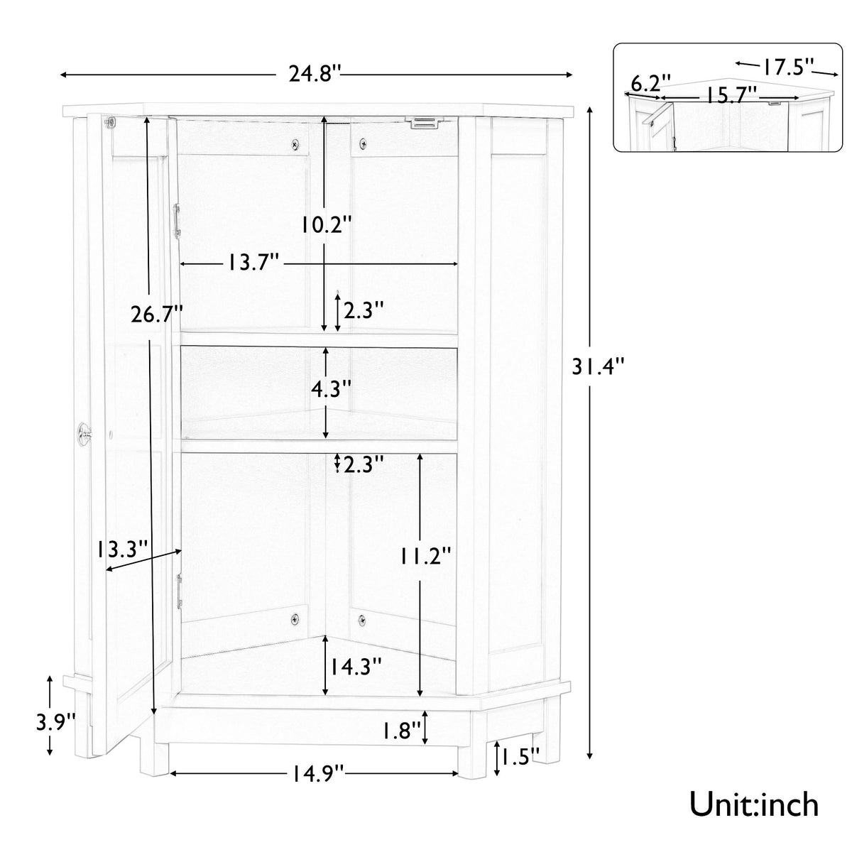 Gray triangle corner bathroom cabinet, front view with open interior shelves diagram