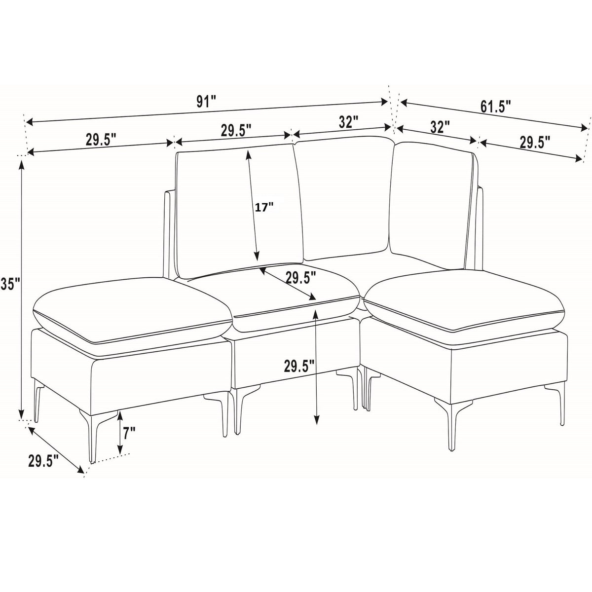 Upholstered modular sectional with ottoman chaise—dimension sketch showing overall length and depth