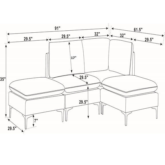 Upholstered modular sectional with ottoman chaise—dimension sketch showing overall length and depth