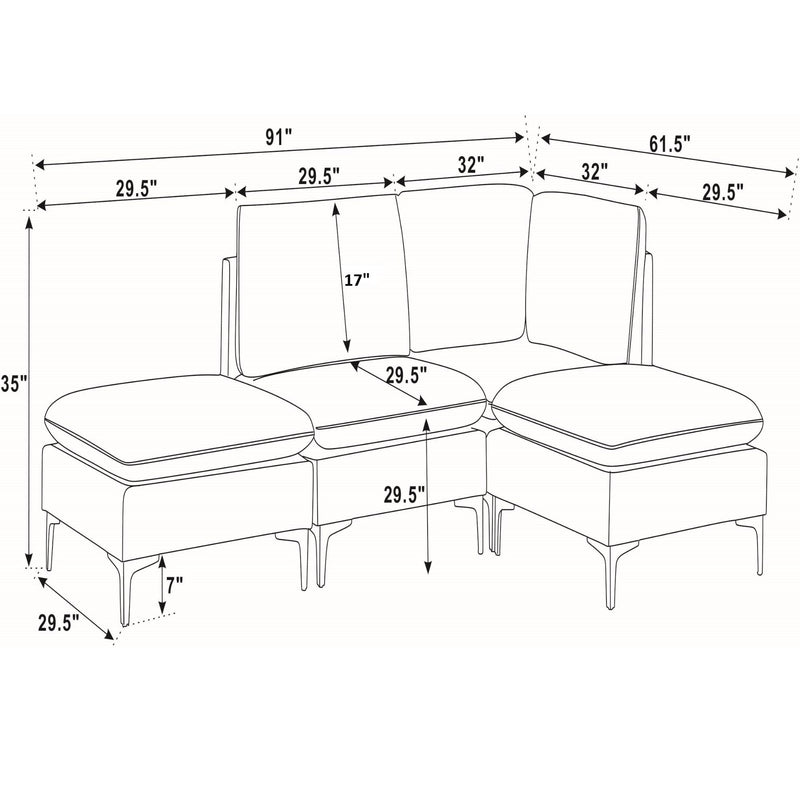 Upholstered modular sectional with ottoman chaise—dimension sketch showing overall length and depth