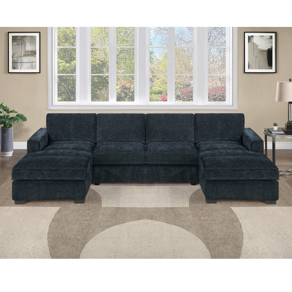 Dark upholstered sectional sofa with chaise corner, multiple seat and back cushions
