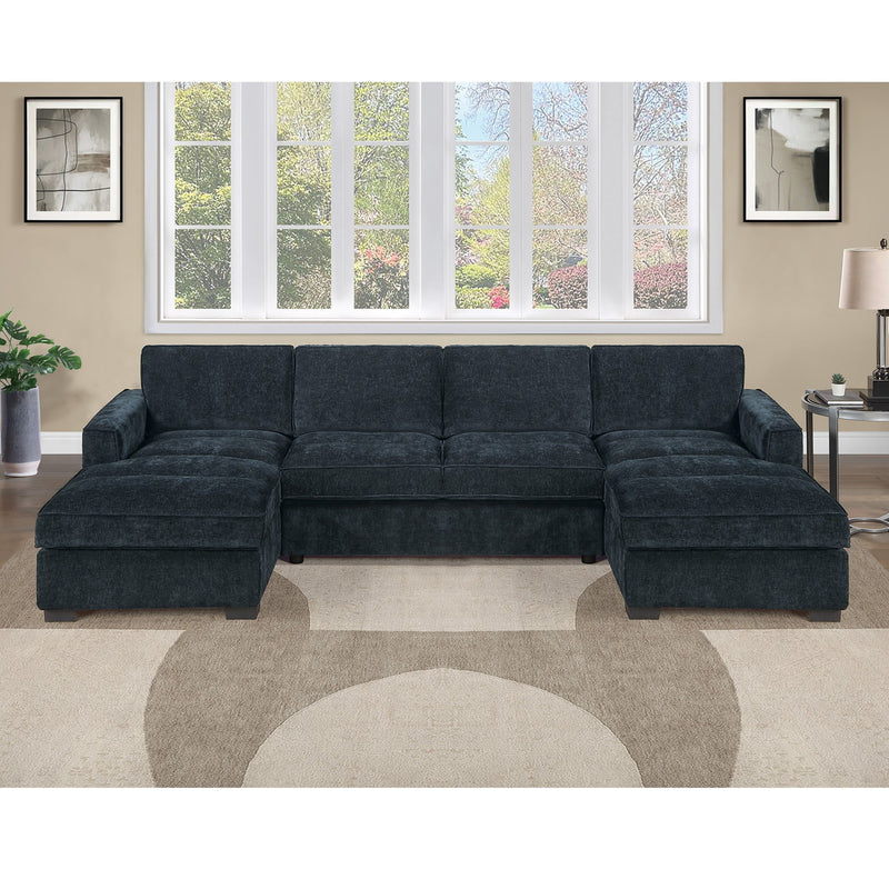 Dark upholstered sectional sofa with chaise corner, multiple seat and back cushions