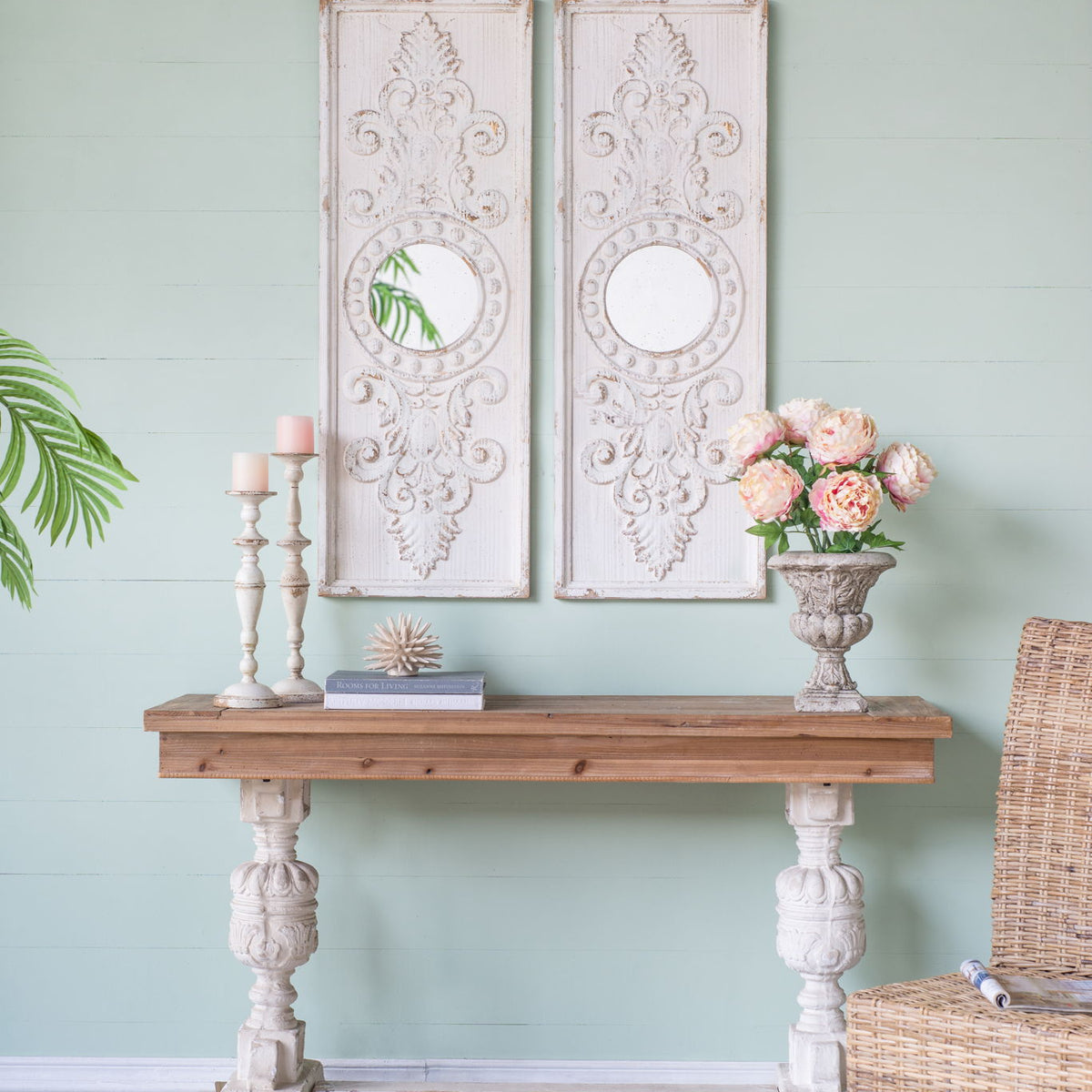 Large Wooden Wall Art Panels With Distressed Round Mirror Accents (Set of 2) - White