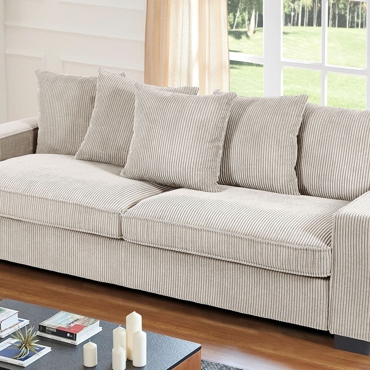 Beige 3-seater sofa with five matching toss pillows, textured upholstery