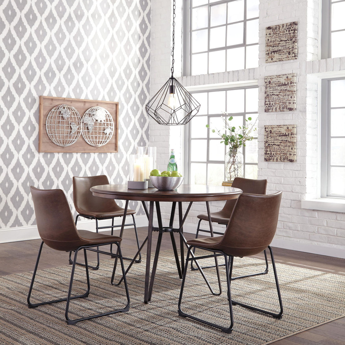 Four brown upholstered dining side chairs with black metal legs