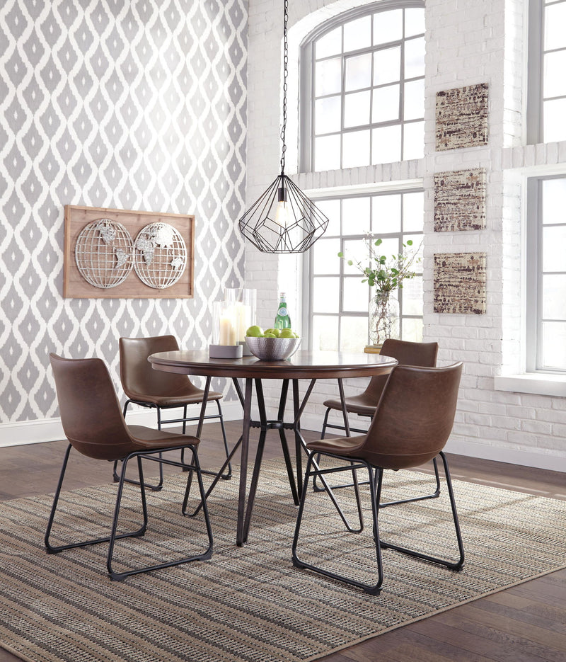 Four brown upholstered dining side chairs with black metal legs