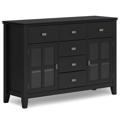 Black sideboard buffet with 3 drawers and 2 glass panel cabinet doors