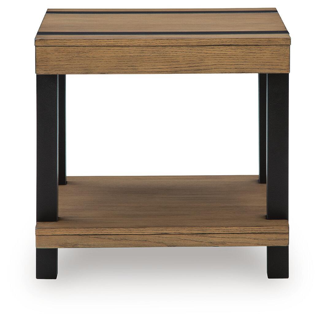 Rectangular light brown end table with black frame legs and lower shelf.