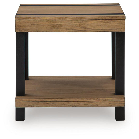 Rectangular light brown end table with black frame legs and lower shelf.