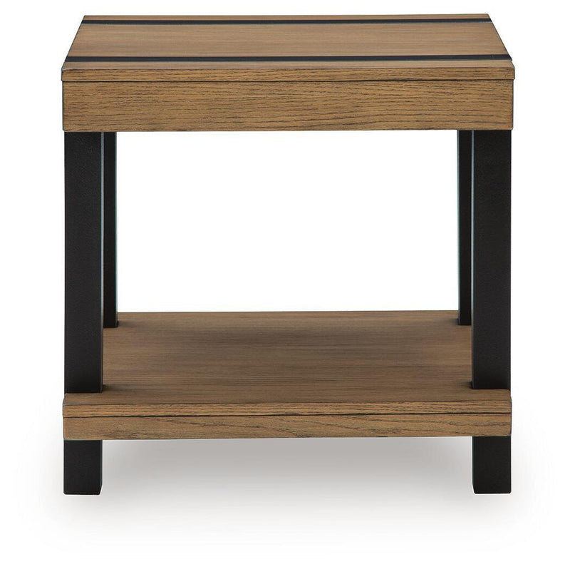 Rectangular light brown end table with black frame legs and lower shelf.