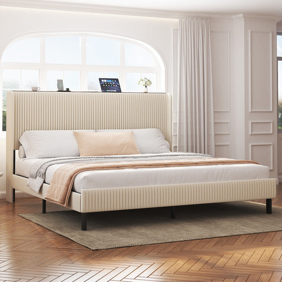 Beige platform bed with ribbed headboard, built-in charging station shelf, black metal legs