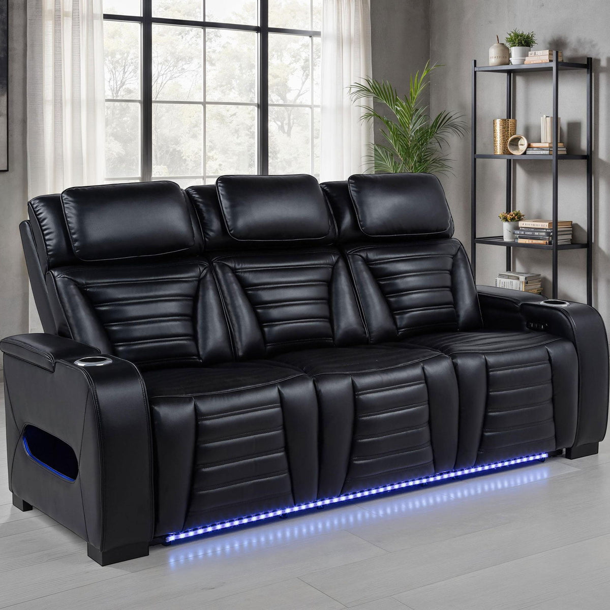 Zuma Faux Leather Dual Power Reclining LED Sofa Black