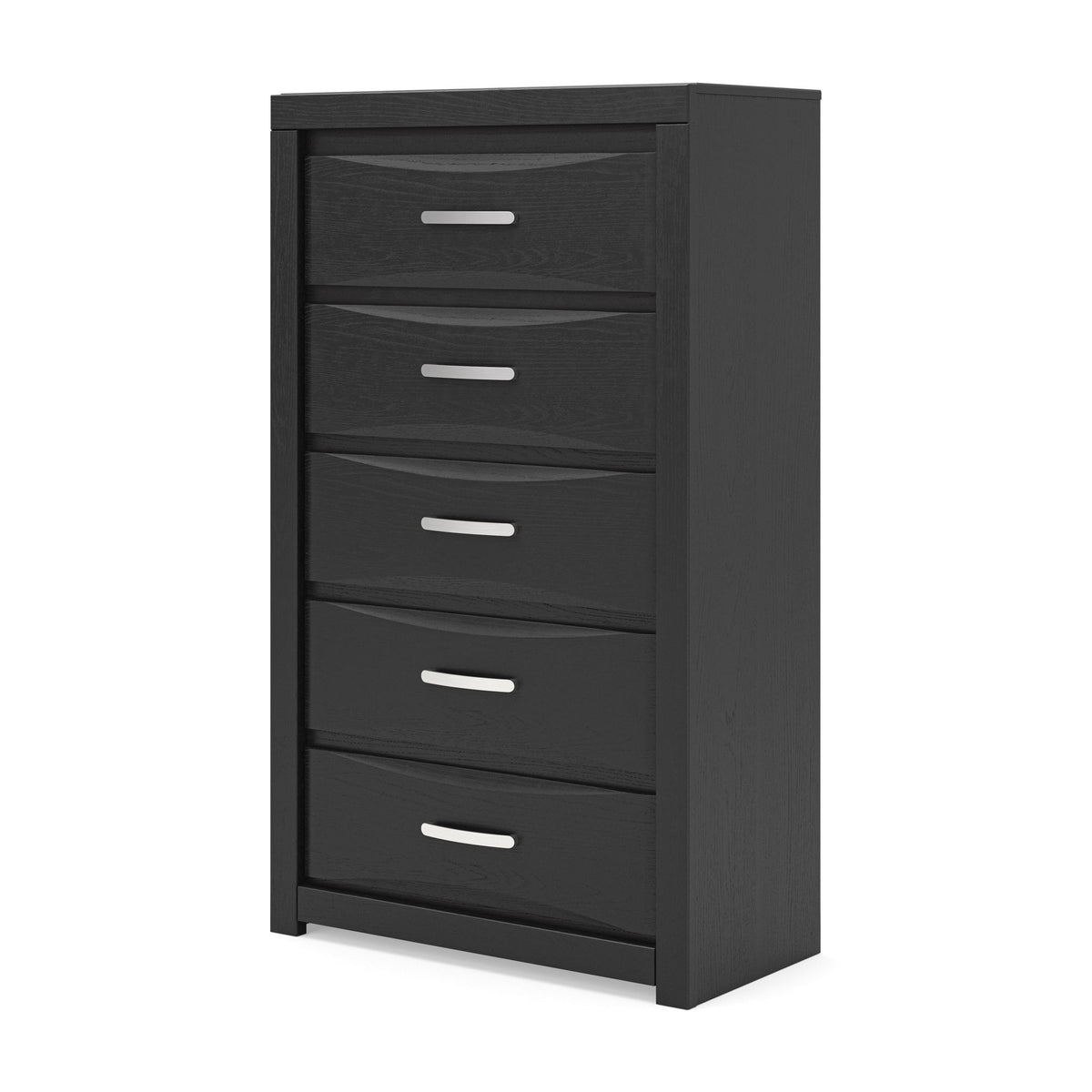 Black five-drawer chest with slim bar drawer pulls and side panel