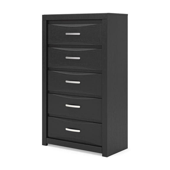 Black five-drawer chest with slim bar drawer pulls and side panel