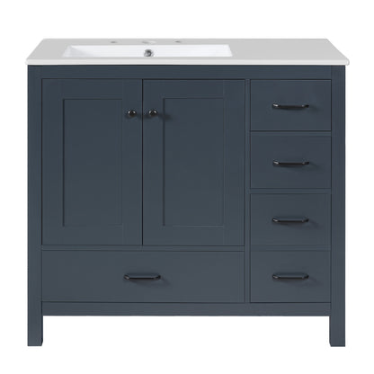 Blue bathroom vanity with sink combo, two soft-close doors and five drawers