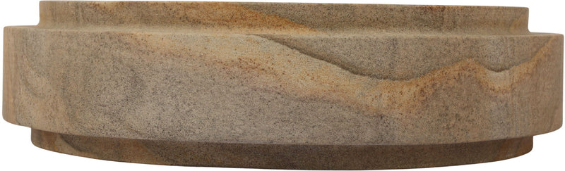 Light brown sandstone bowl side view with thick rim and natural speckled texture.
