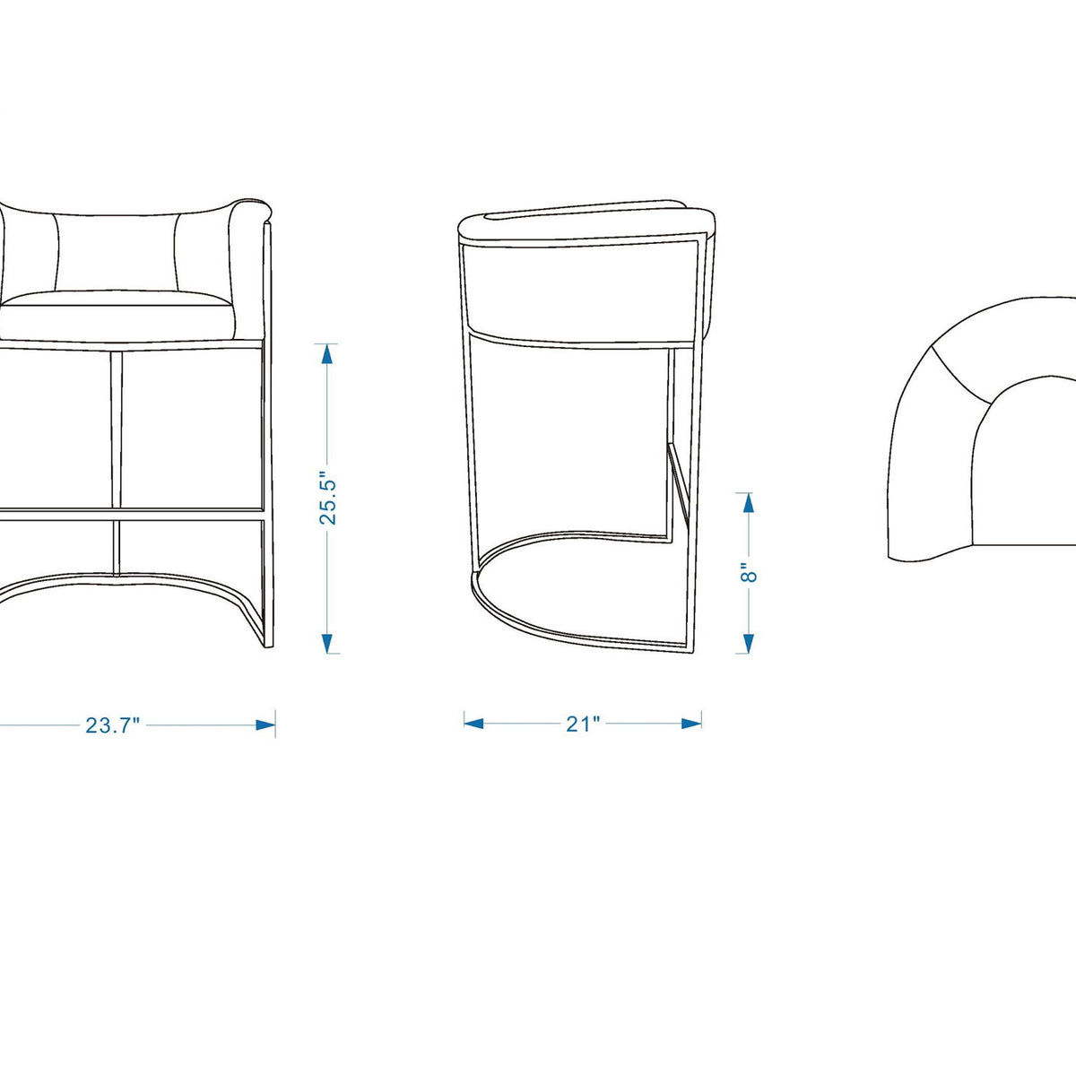 Counter stool size diagram with front, side, and top views