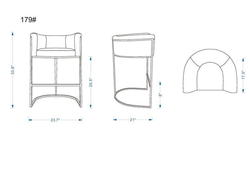 Counter stool size diagram with front, side, and top views