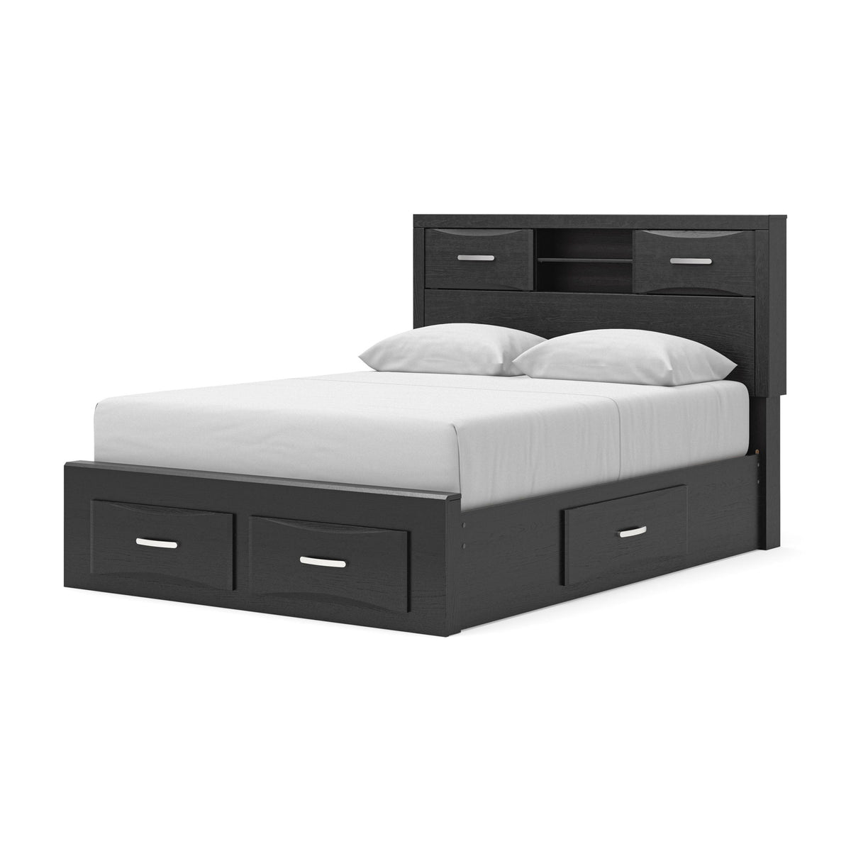 Black queen bed frame with bookcase headboard and front storage drawers under the footboard