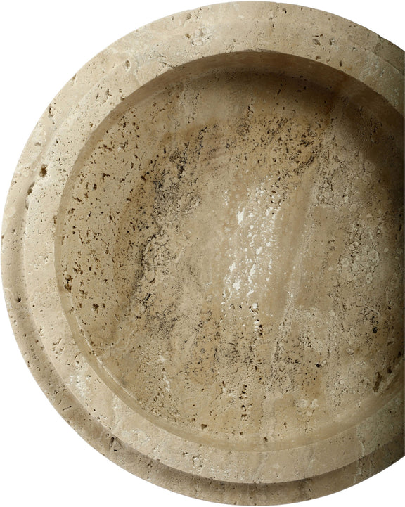 Close-up interior of light travertine bowl with smooth basin and speckling