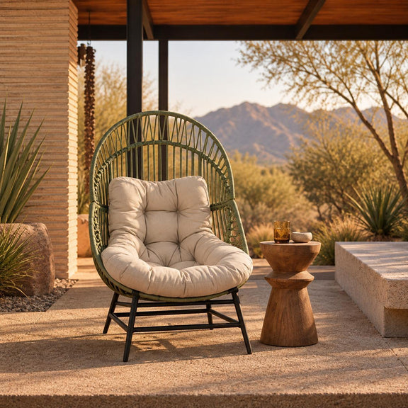 Rattan lounge chair with beige cushion on outdoor patio seating