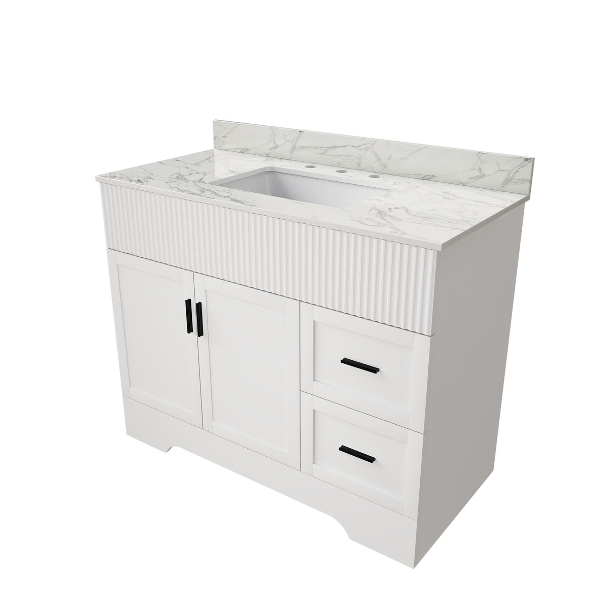 White bathroom vanity cabinet with fluted doors, undermount sink, and three faucet holes