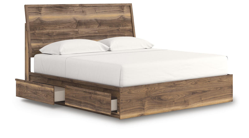 Dark brown panel bed with side storage drawer and white mattress, low platform frame