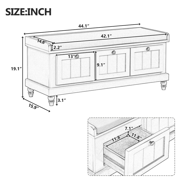 Shoe bench size diagram with padded top and three drawer compartments