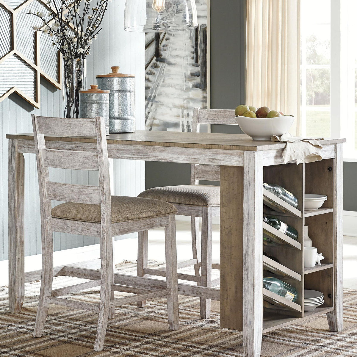 White counter-height rectangular table with side storage shelves and wood top