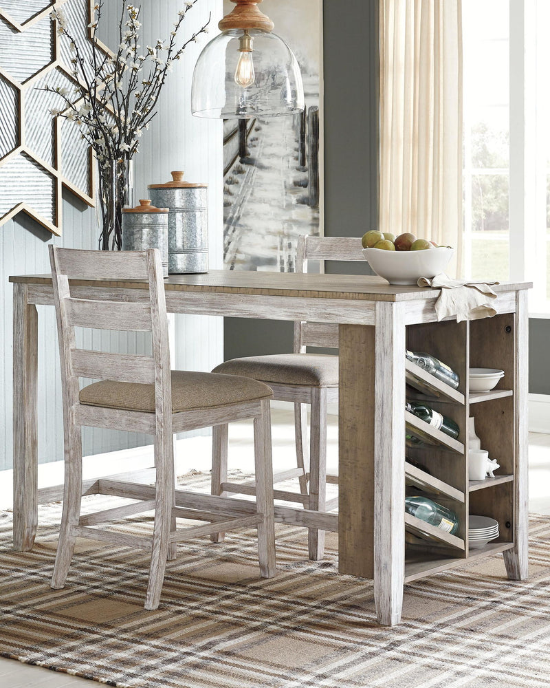 White counter-height rectangular table with side storage shelves and wood top